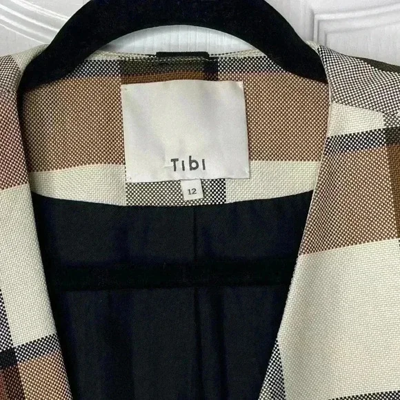 Tibi Dylan Plaid Cream Cropped Jacket Blazer in Ivory Camel Size 12 - Picture 7 of 16